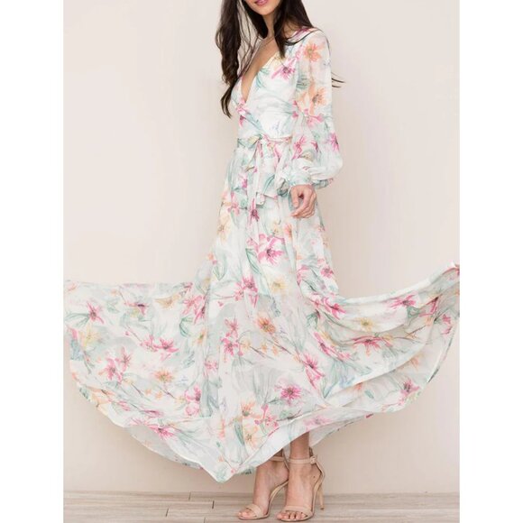 Yumi Kim Multicolor Faux Wrap Spring Fling Giselle Floral Maxi Dress Size Medium - Picture 1 of 16